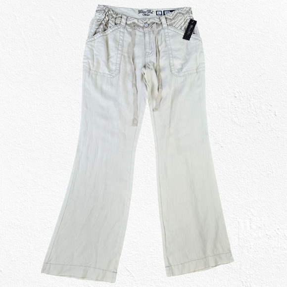Miss Me Beige Linen Blend Wide Leg Cargo Boho Pants Size Large Y2K 2010s Style - Picture 2 of 14